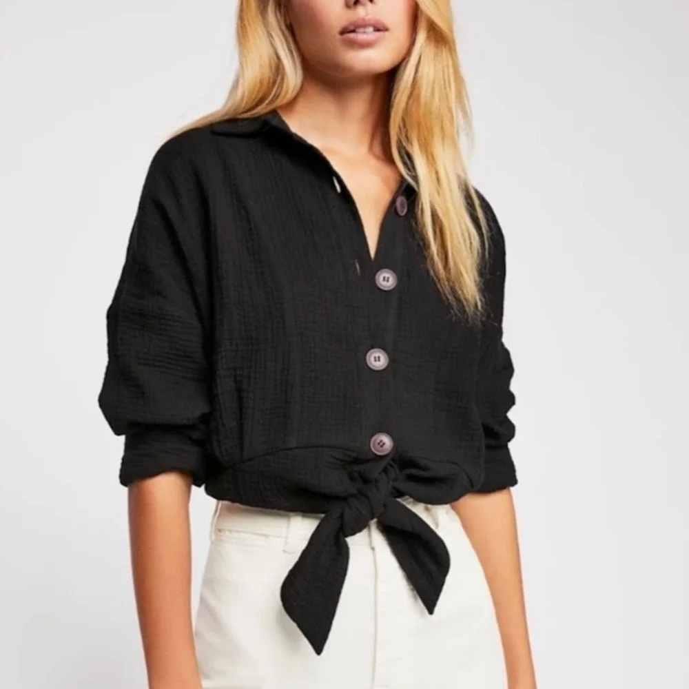 Free People Sunstreaks Black Cotton Gauze Button Front Tie Hem Shirt Top Size XS